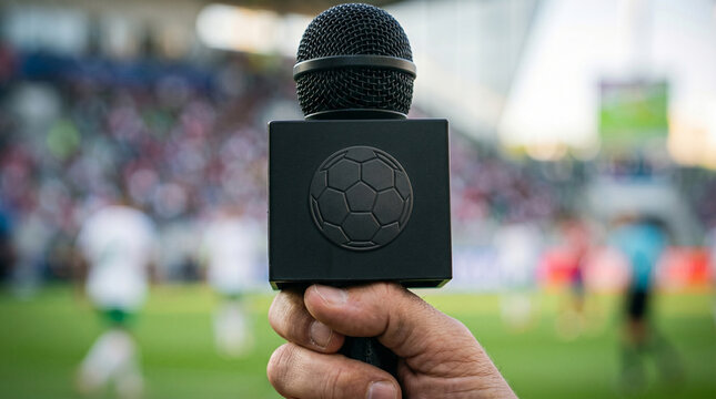 Extreme close-up of a reporter's hand holding a professional news microphone featuring a classic soccer ball emblem on the cube, sports journalism and media broadcasting concept