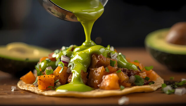 Vibrant green sauce being poured on a tostada with avocado