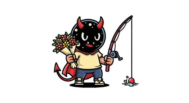 Cute Devil Character Holding Flowers and Fishing Pole.