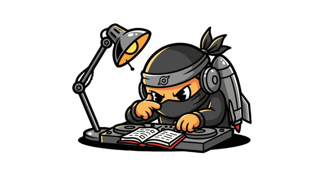Cute ninja character working on laptop setup.
