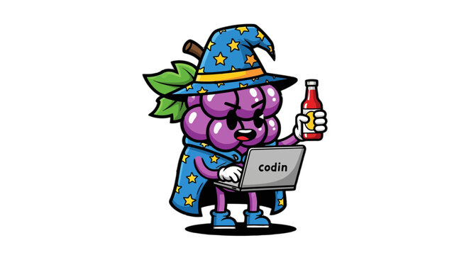 Whimsical grape wizard coding with energy drink and laptop.