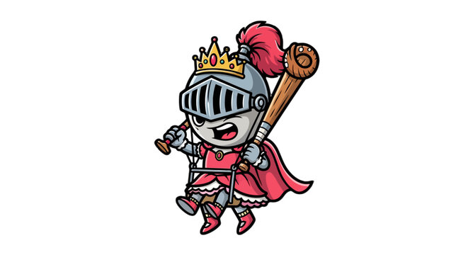Cute Cartoon Knight Holding Scepter and Wearing Crown.