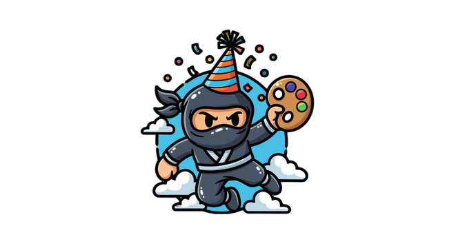 Cute Cartoon Ninja Character Celebrating With Party Hat.
