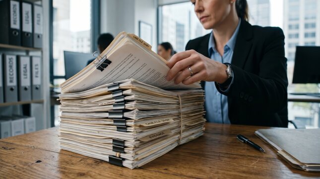 Attorney searching huge stack of legal case files at desk in archive room corporate law office