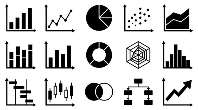 Set of various data charts and graphs icons