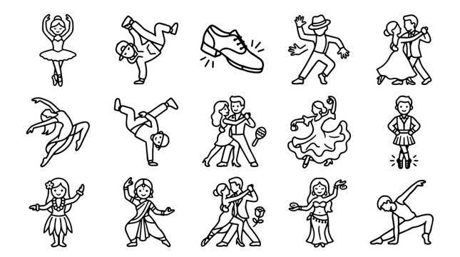 Collection of diverse global dance styles line icons