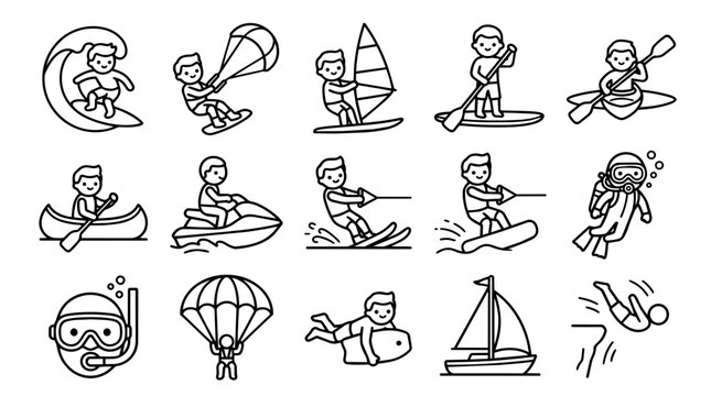 Water sports and adventure activities outline icons set