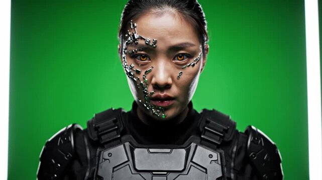 A futuristic woman with cybernetic enhancements gazes directly at the camera.