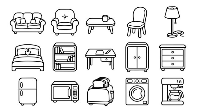 Household furniture and appliances outline icon set