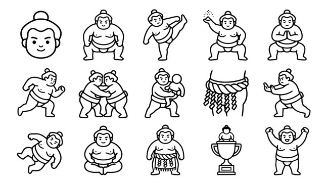 Japanese sumo wrestler activity and pose line art icons