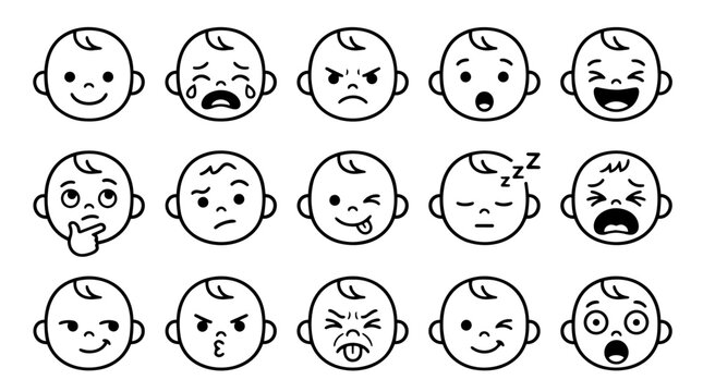 Collection of baby faces with various emotions and expressions