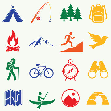 Sixteen solid color camping icons without outlines in a 4x4 grid featuring a tent mountain climber runner bird and kayak on a light off-white surface.