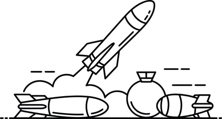 Linear vector graphic of rocket ship launch with missiles propulsion transportation technology ignition exploration. Vector illustration © MdMujahidFakir