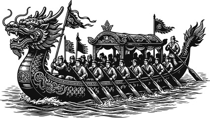 Naklejka premium Detailed black and white illustration of a dragon boat filled with paddlers, featuring a prominent dragon head and tail, flags, and a festive atmosphere.