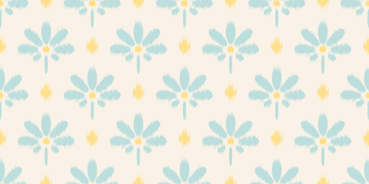 Ikat floral ethnic seamless pattern. Vector batik textured background with daisy flowers. Rug watercolor motif for textile and fabric. Oriental cute decorative illustration