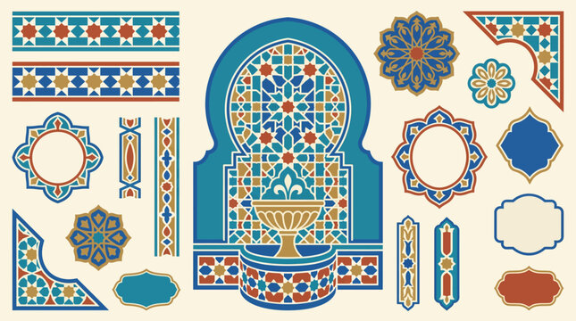 Moroccan courtyard fountain ornament vector set with zellige tile borders, keyhole arch frames, arabesque rosettes and decorative geometric elements