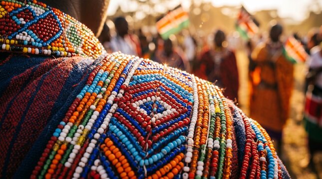 Close-up of vibrant, traditional Maasai beadwork pattern on clothing with a festive, sunlit crowd and Kenyan flags blurred in the background