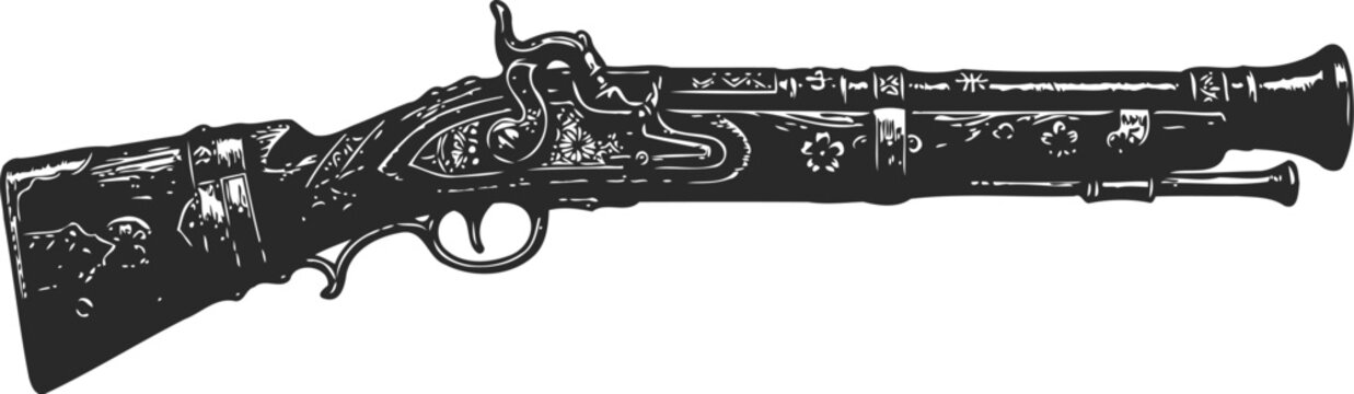 Isolated antique flintlock rifle silhouette, historical firearm, detailed ornamentation, vintage weapon symbol