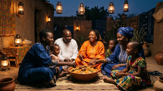 A happy African family enjoying a communal meal together outdoors at dusk, illuminated by glowing lanterns outside a traditional home