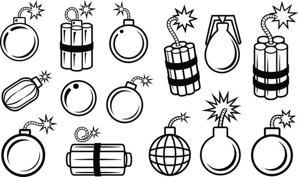 Set of bomb and explosive icons with burning fuses explosive dynamite detonation military destruction emergency. Vector illustration