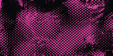 Vibrant pink halftone dots pattern over black background with heavy grunge texture for striking graphic design projects. © SaHeD