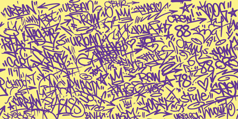 Purple and yellow graffiti pattern featuring urban street art tags in a vibrant seamless layout for creative backgrounds. © SaHeD