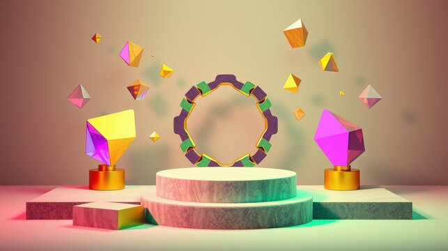 Abstract platforms, colorful geometry, vibrant presentation scene. Minimalist design, studio lighting, modern aesthetic. Focus on shapes, textures, composition.
