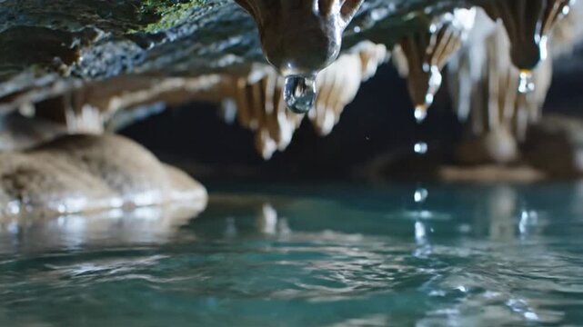 Stalactites with water droplet dripping into underground cave pool.