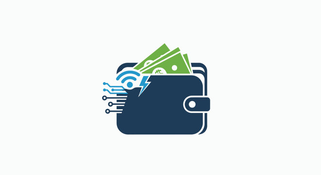 Digital wallet icon with money and technology symbols for online payment concept