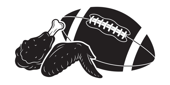 Fried chicken wings and drumstick with american football ball silhouette illustration for sports party snacks and catering.