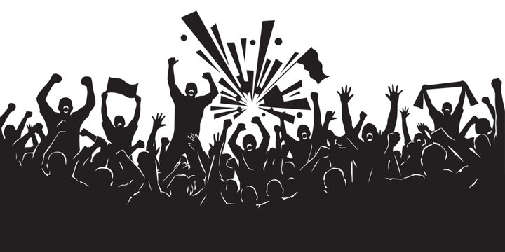 American football fan crowd in silhouette celebrating with raised hands and flags in dynamic burst effect.