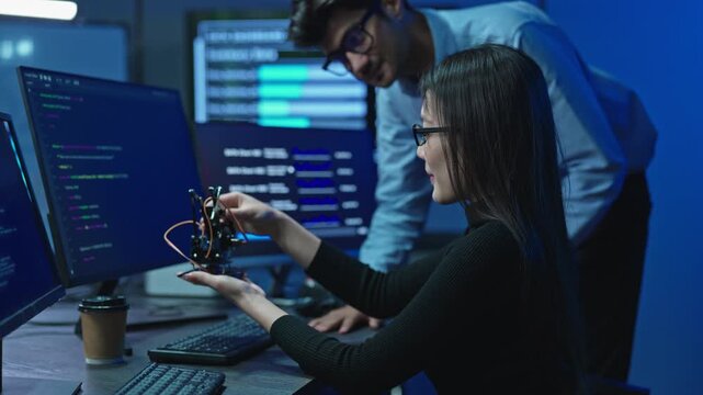 Two young engineers examine a small robotics circuit board together at a desk with code monitors in a dark blue lit modern technology and electronics office at night.