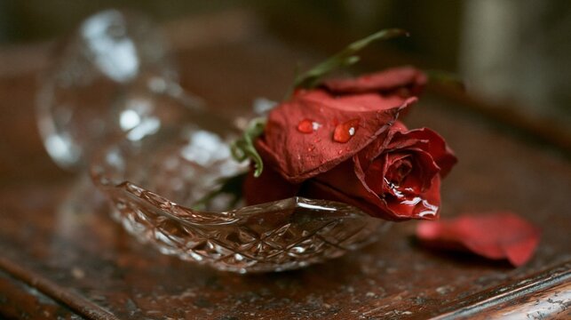 Close-up of a dying red rose inside a shallow glass dish with prominent water droplets