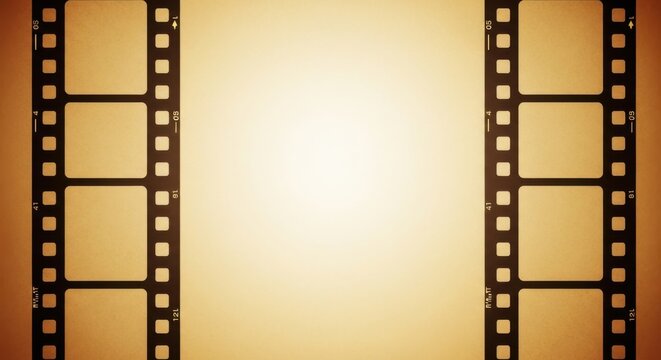 Vintage film strip with perforations and empty frames on a warm textured background