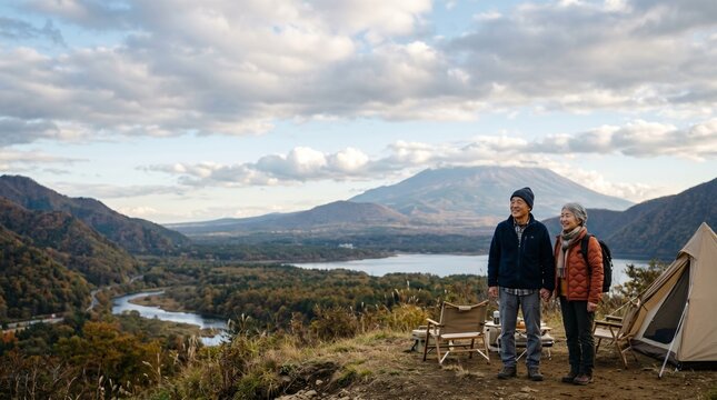 広大な自然風景の中に佇む日本人シニア夫婦。
空と大地が広がる開放感あるアウトドアシーン。