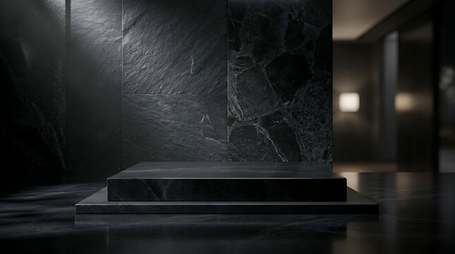 Modern sleek black product display stand in minimalist dark studio setting with dramatic lighting