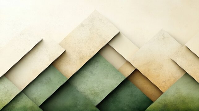 Geometric abstraction with overlapping triangles in sandy beige and moss green on a light cream background