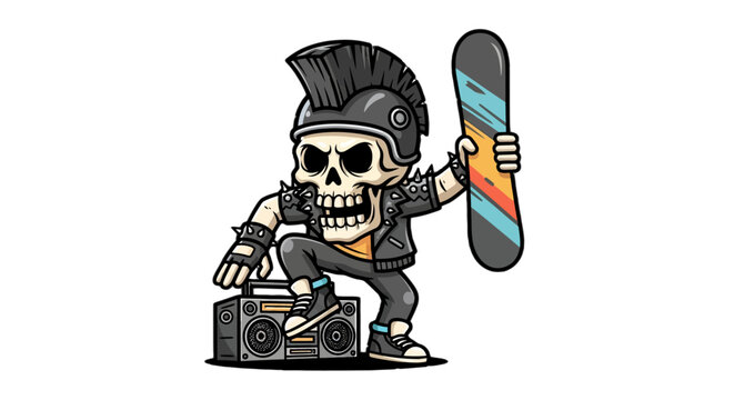 Skateboarding Skeleton Holding Snowboard and Boombox Cartoon.