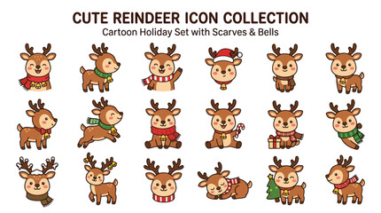 Cute reindeer icon collection with scarves and bells set. © sabar
