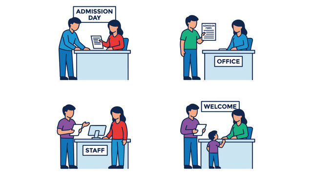 School administration set showing registration desk admission form and welcome service desks.
