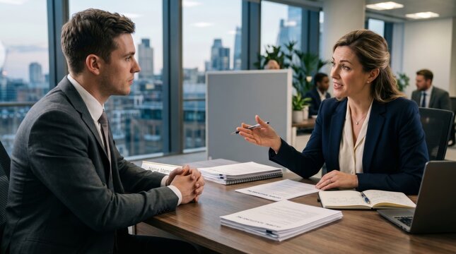 Corporate hr manager interviewing male job applicant at office desk with city skyline background