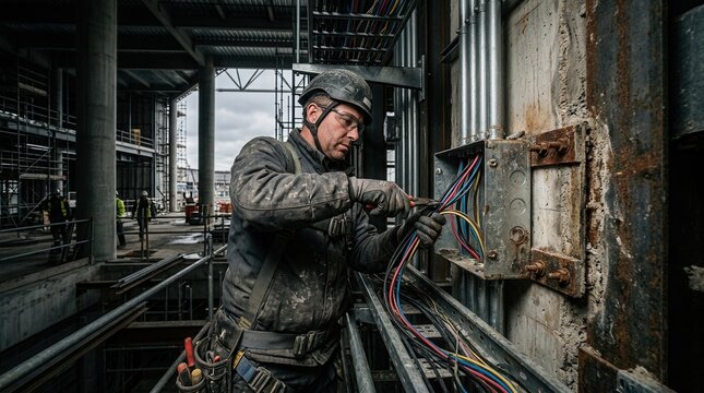 Electrical Technician Wiring Cables inside the Construction Site's Electrical Panel