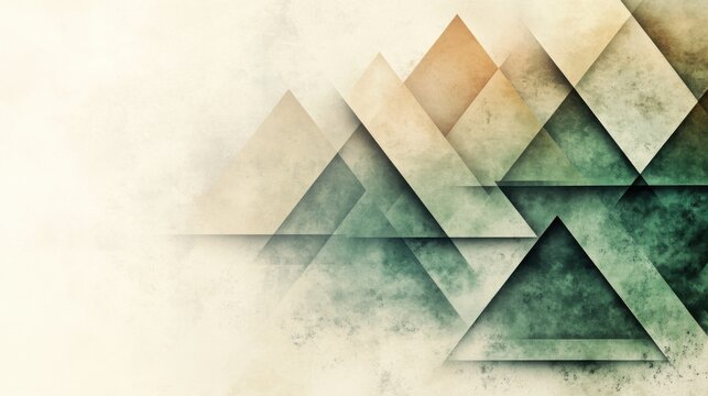 Geometric abstraction with overlapping triangles in sandy beige and moss green on a light cream background