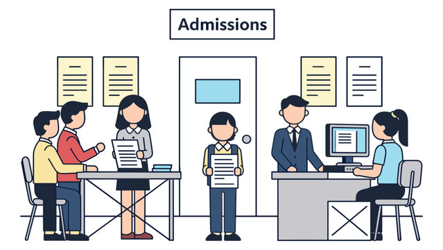 School admission office scene with students and parents during enrollment process vector.