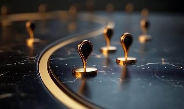 Close up of golden map pins on dark luxurious surface with subtle lighting.