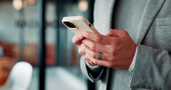 Hands, phone and typing for contact in cafe, communication or text negotiation with email update. Business person, window space and chat in coffee shop for networking, online conversation or feedback