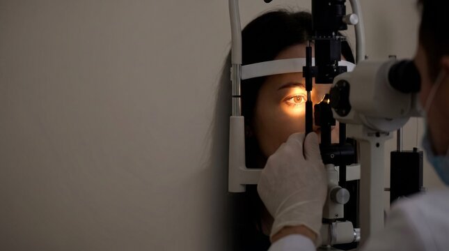 Eye Doctor Examines Patient's Eye With Slit Lamp