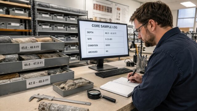 Researcher records data for core samples at geological site during work hours in a laboratory setting