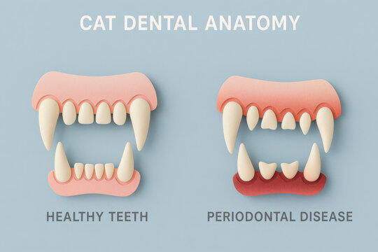 Cat dental anatomy comparison showing healthy tooth versus periodontal disease with pink and inflamed gum on blue background for veterinary education and pet oral healthcare