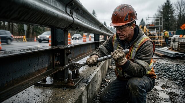 Engineer Repairing Infrastructure on a Construction Site with Industrial Equipment